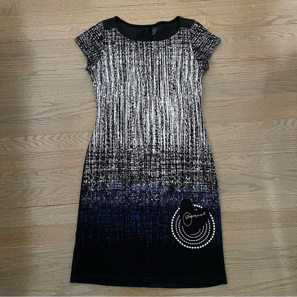 Desigual Women's Black Blue Heart Print Short Sleeve Sheath Dress Size small - Picture 2 of 9